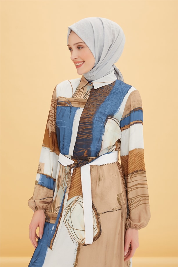 Armine Fırfırlı Ve Desenli Elbise 22Y9403 İndigo