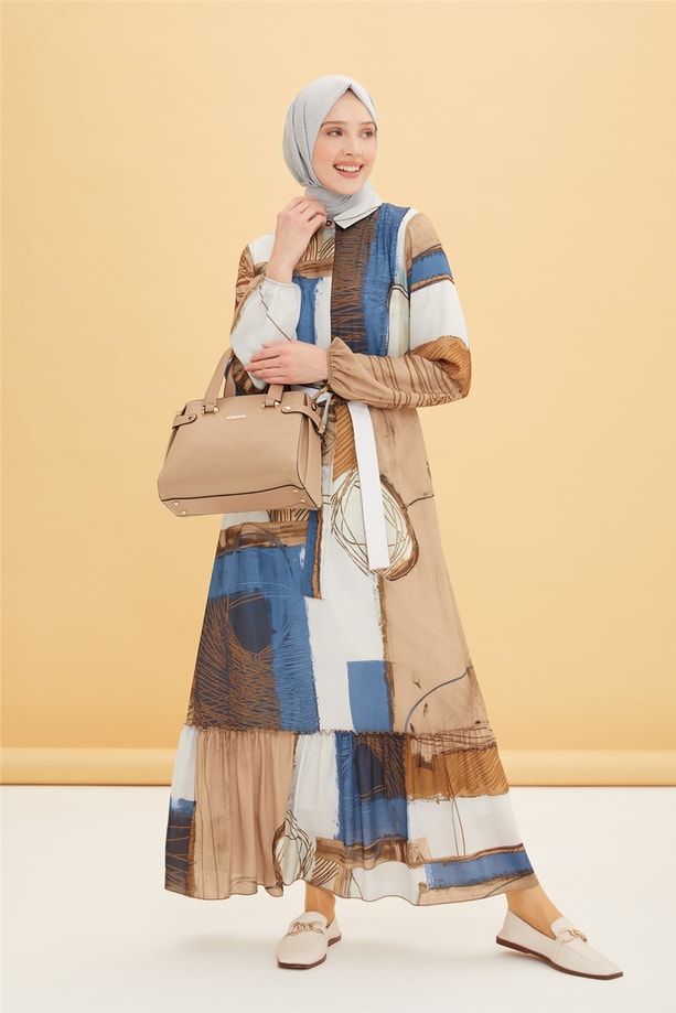Armine Fırfırlı Ve Desenli Elbise 22Y9403 İndigo