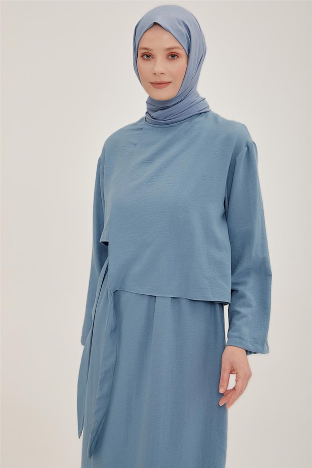 Armine Asimetrik Kesim Detaylı Beli Kuşalı Tulum 22Y9432 Gri Mavi