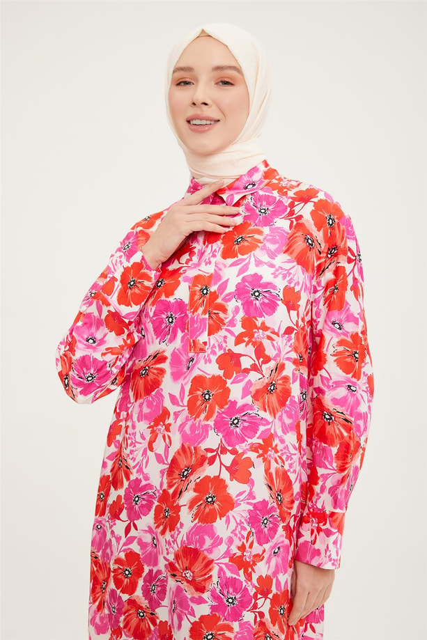 Armine Retro Desenli Kuşaklı Elbise 22Y9442 Parlak Kırmızı