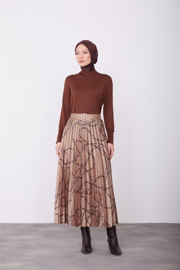 Armine Kemerli Pliseli Etek 23K1513 Badem