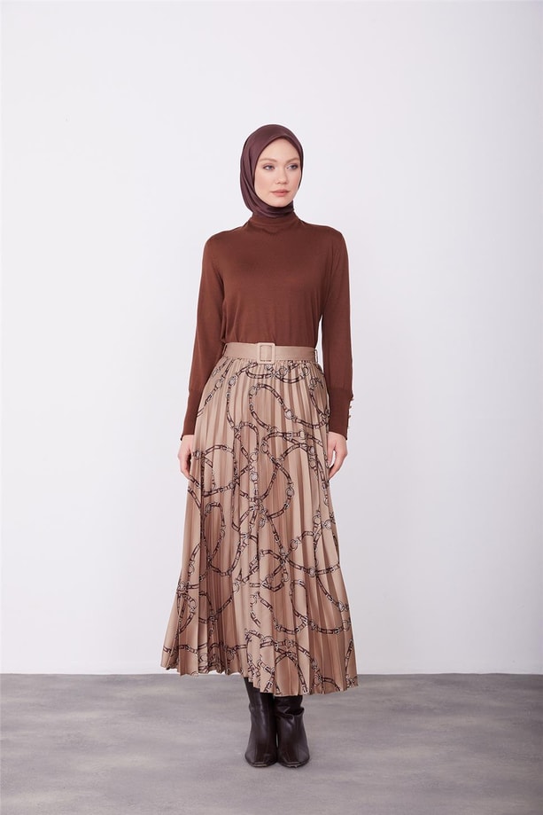 Armine Kemerli Pliseli Etek 23K1513 Badem