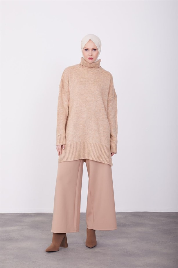 Armine Beli Fermuarlı Bol Paça Pantolon 23K2509 Latte