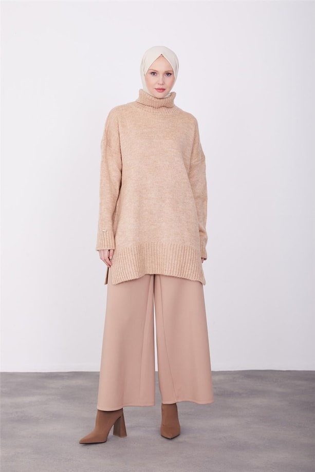 Armine Beli Fermuarlı Bol Paça Pantolon 23K2509 Latte
