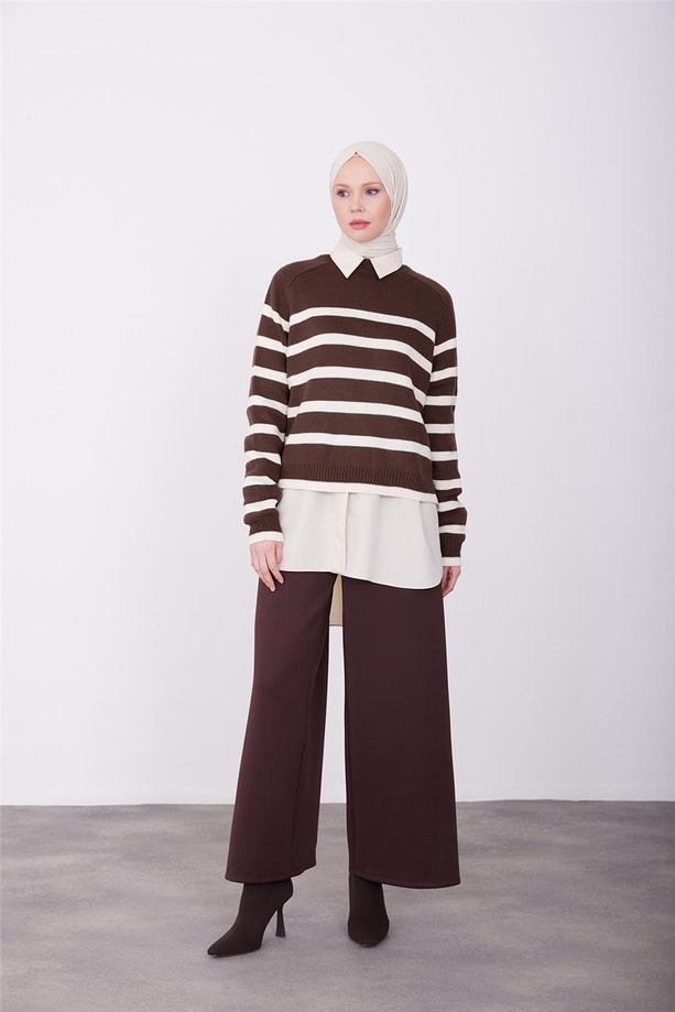 Armine Beli Fermuarlı Bol Paça Pantolon 23K2509 Acı Kahve
