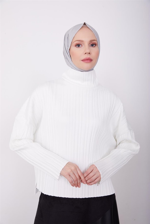 Armine Pliseli Örme Bluz 23K3216 Ekru
