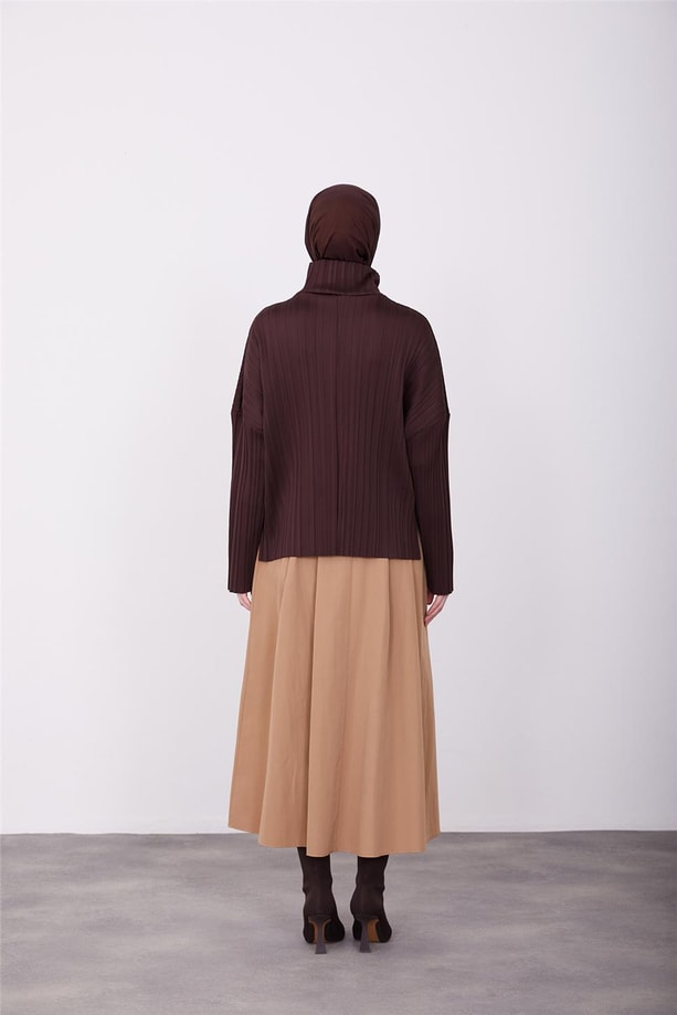 Armine Pliseli Örme Bluz 23K3216 Kahverengi
