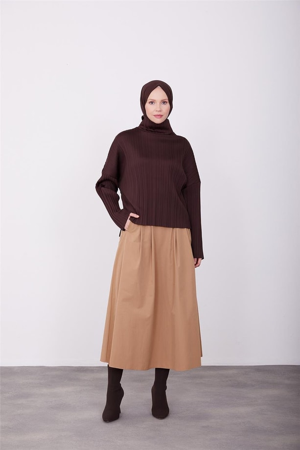 Armine Pliseli Örme Bluz 23K3216 Kahverengi
