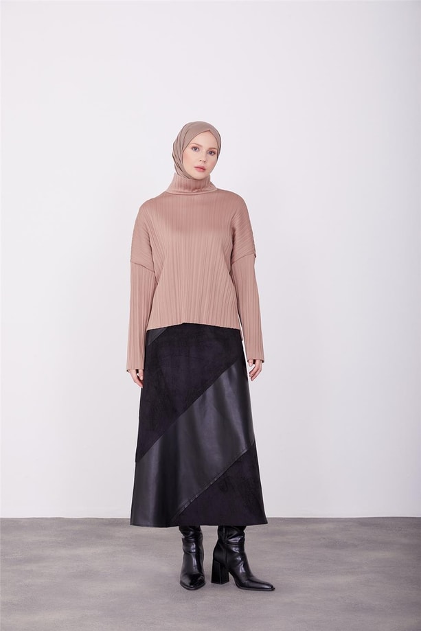 Armine Pliseli Örme Bluz 23K3216 Latte