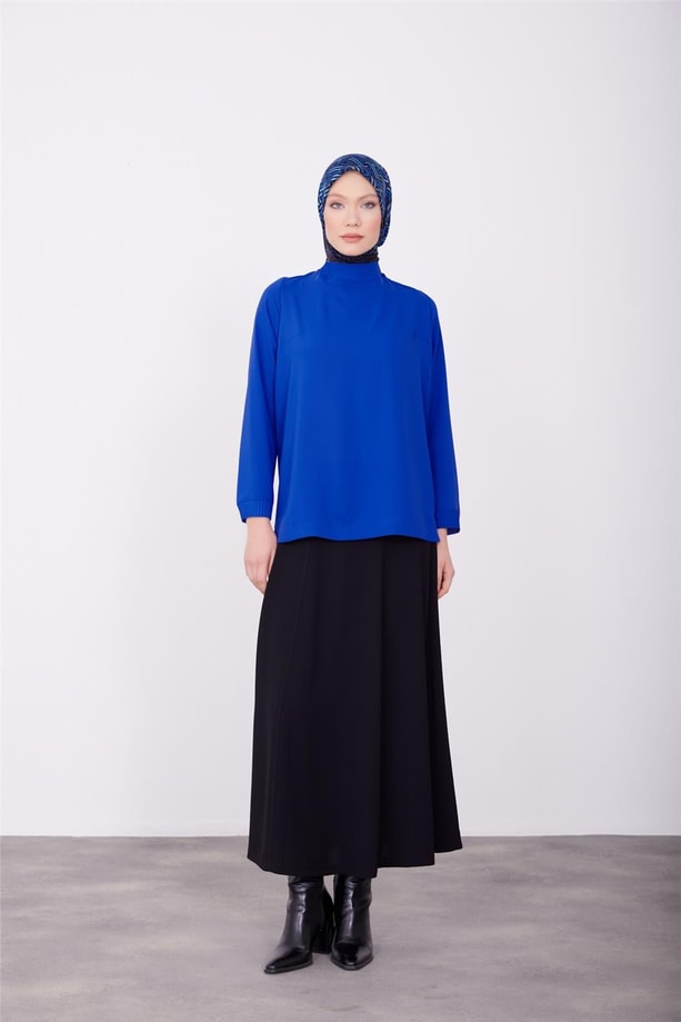 Yakası ve manşetleri piliseli bluz 23K3433 Morcivert