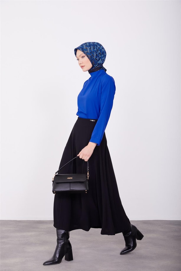 Yakası ve manşetleri piliseli bluz 23K3433 Morcivert