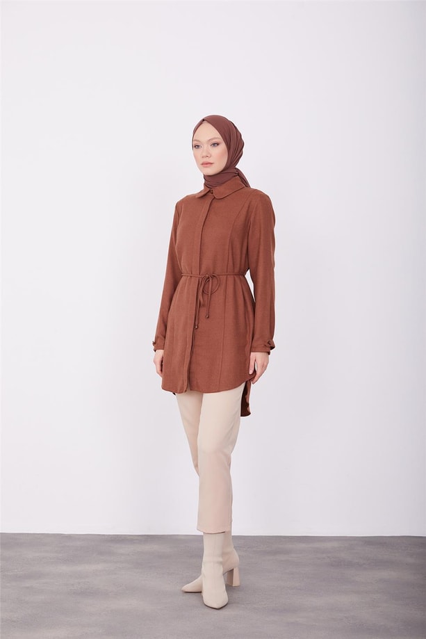 Bağcıklı polyviskon tunik 23K4732 Taba