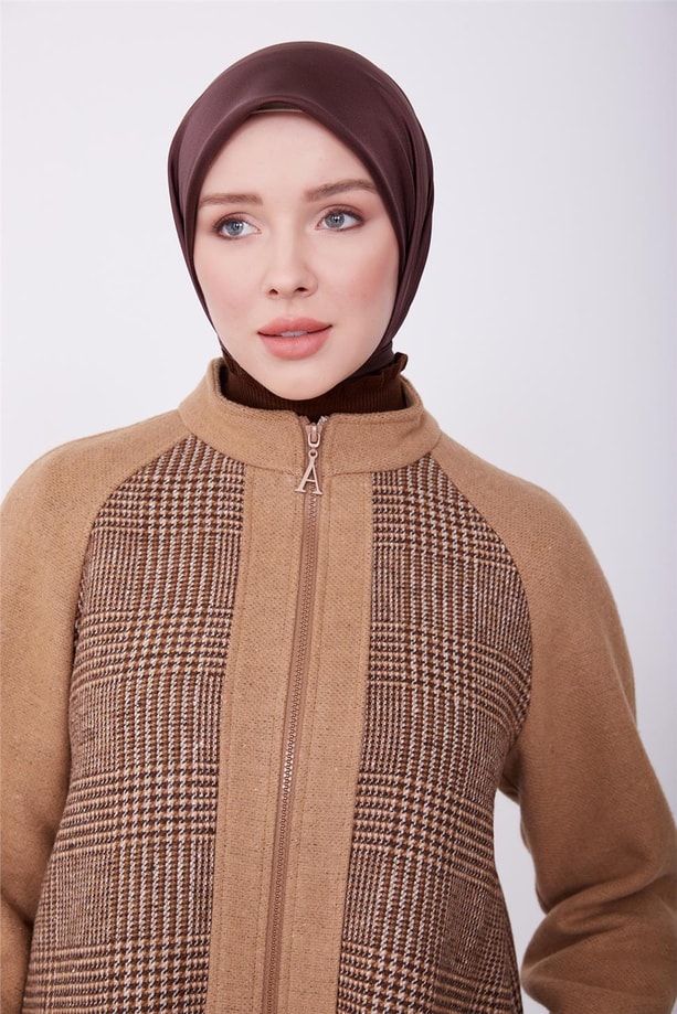Armine Ekose Desenli Önü Fermuarlı Hırka 23K5315 Kahverengi