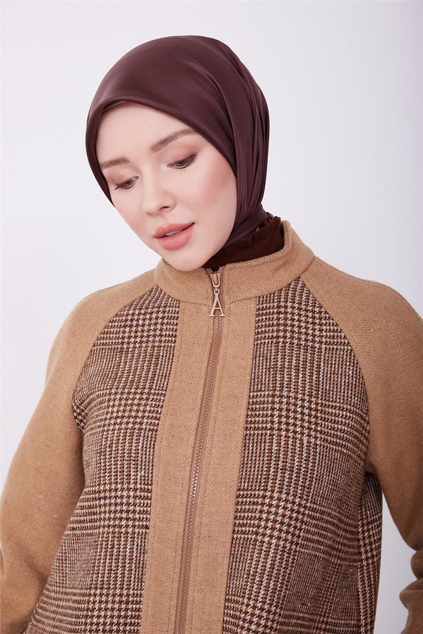 Armine Ekose Desenli Önü Fermuarlı Hırka 23K5315 Kahverengi