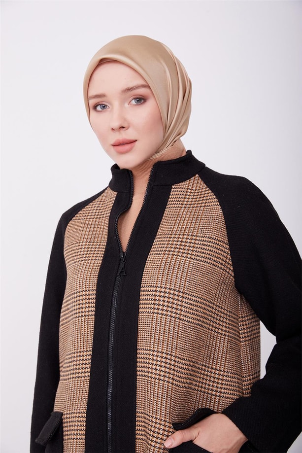 Armine Ekose Desenli Önü Fermuarlı Hırka 23K5315 Siyah