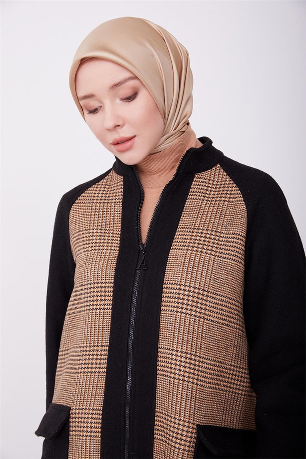 Armine Ekose Desenli Önü Fermuarlı Hırka 23K5315 Siyah