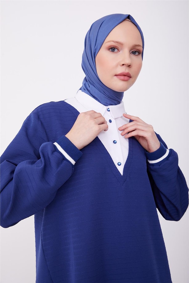 Armine Üstü Garnili Ve Ribana Detaylı Pantolonlu Takım 23K6712 Marine