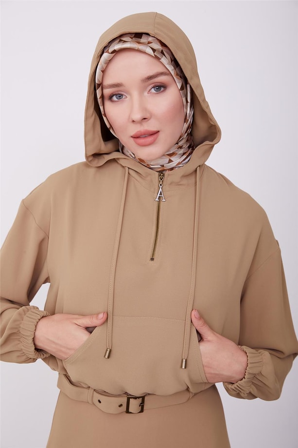 Armine Seyyar Kuşaklı Etekli Rahat Takım 23K6716 Camel