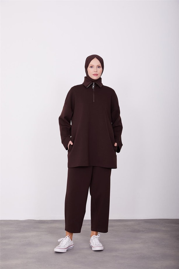 Polo Yaka Örme Bluz Pantolon Takım 23K6730 Acı Kahve