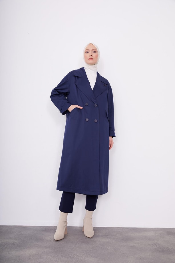 cep kesikli oversize kruvaze trenchcoat 23K7105 İndigo