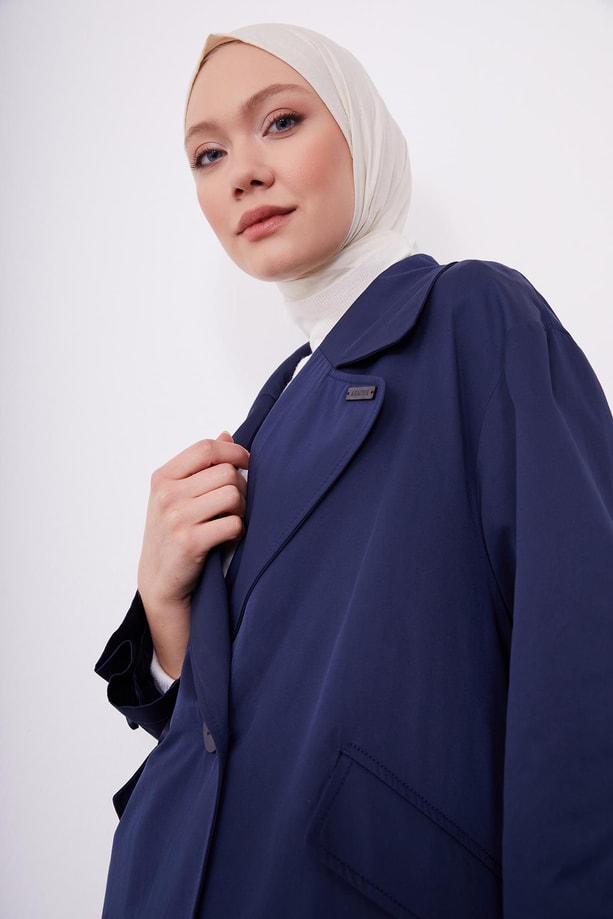 cep kesikli oversize kruvaze trenchcoat 23K7105 İndigo