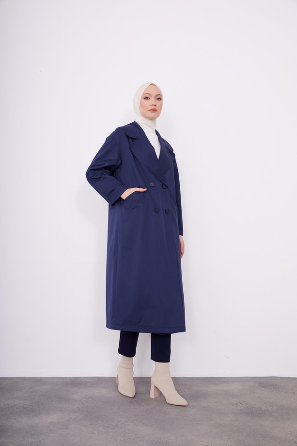cep kesikli oversize kruvaze trenchcoat 23K7105 İndigo