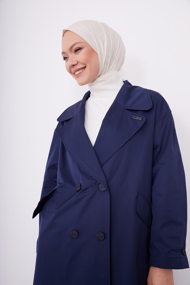 cep kesikli oversize kruvaze trenchcoat 23K7105 İndigo