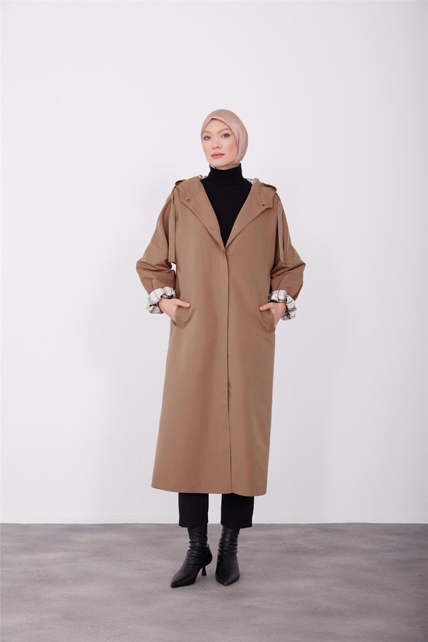 astarı çizgili kapşonu grogren tünelli oversize kap 23K7109 Camel