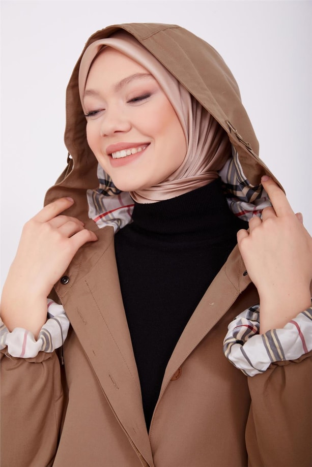 astarı çizgili kapşonu grogren tünelli oversize kap 23K7109 Camel