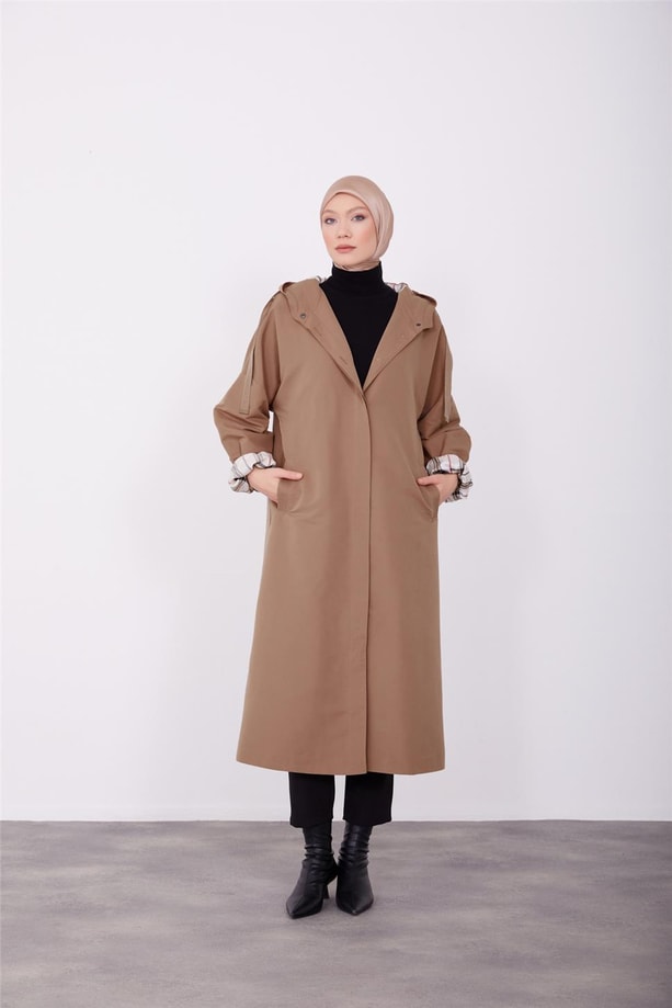 astarı çizgili kapşonu grogren tünelli oversize kap 23K7109 Camel