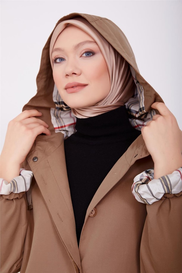 astarı çizgili kapşonu grogren tünelli oversize kap 23K7109 Camel