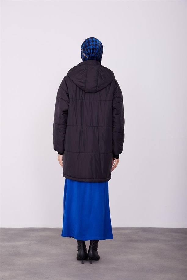 Armine parmak detaylı seyyar kapişonlu oversize kaban 23K7210 Siyah
