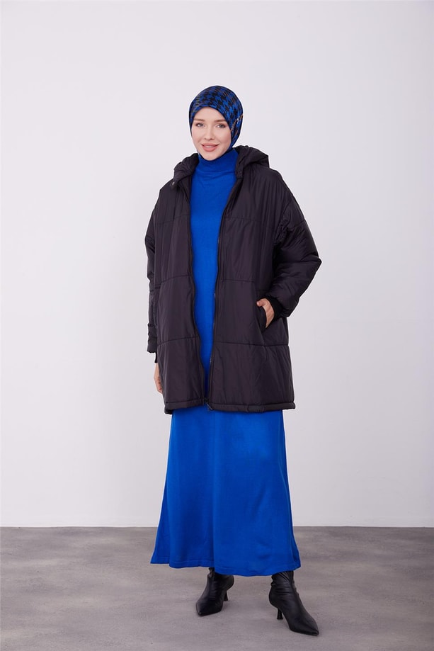 Armine parmak detaylı seyyar kapişonlu oversize kaban 23K7210 Siyah