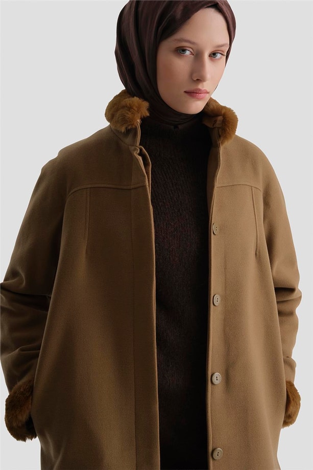 Armine Seyyar Kürklü Pens Detaylı Kaban 23K7213 Taba