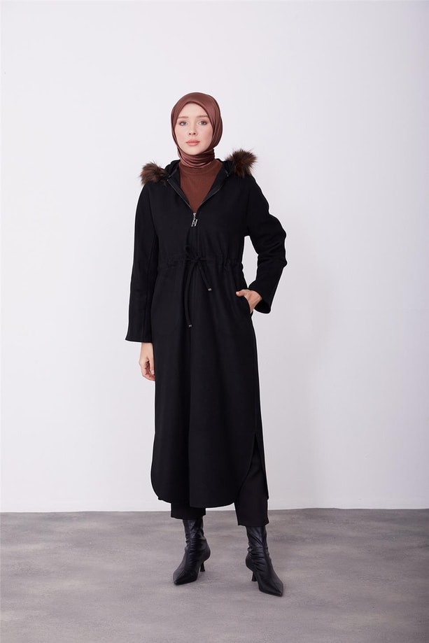 Armine Seyyar Kürklü Kaban 23K7226 Siyah