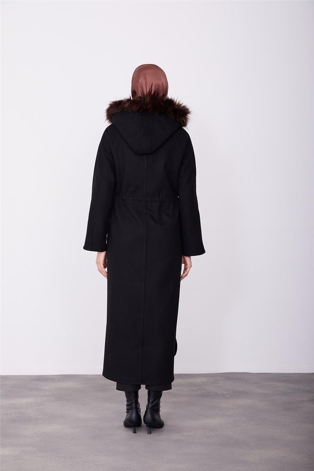 Armine Seyyar Kürklü Kaban 23K7226 Siyah