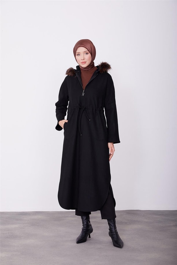 Armine Seyyar Kürklü Kaban 23K7226 Siyah
