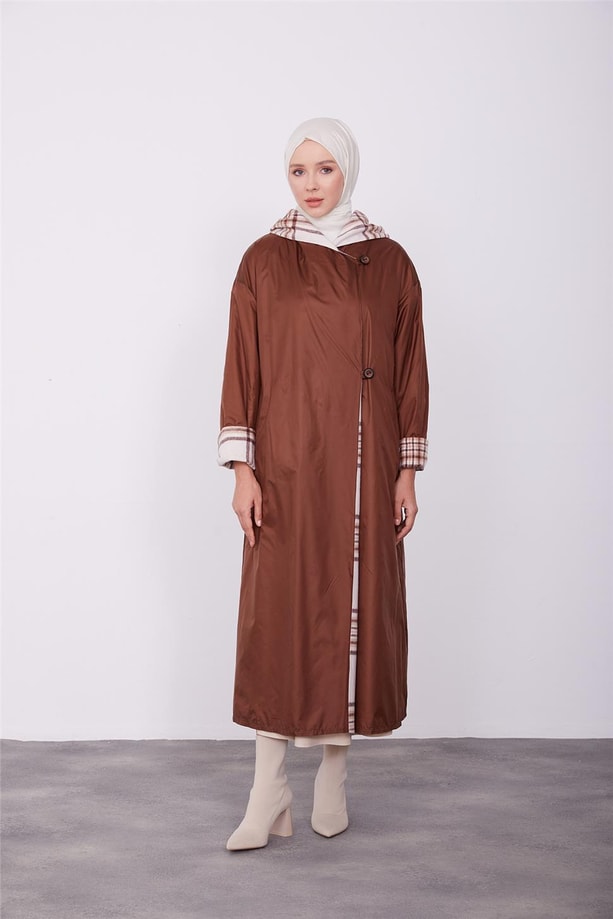 Çift taraflı giyilebilen pardesü 23K8515 Kahverengi