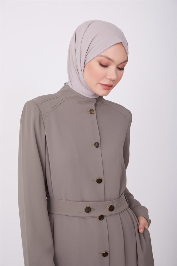 Kuşağı ayarlanabilir düğmeli omuz robalı pardesü 23K8516 Vizon