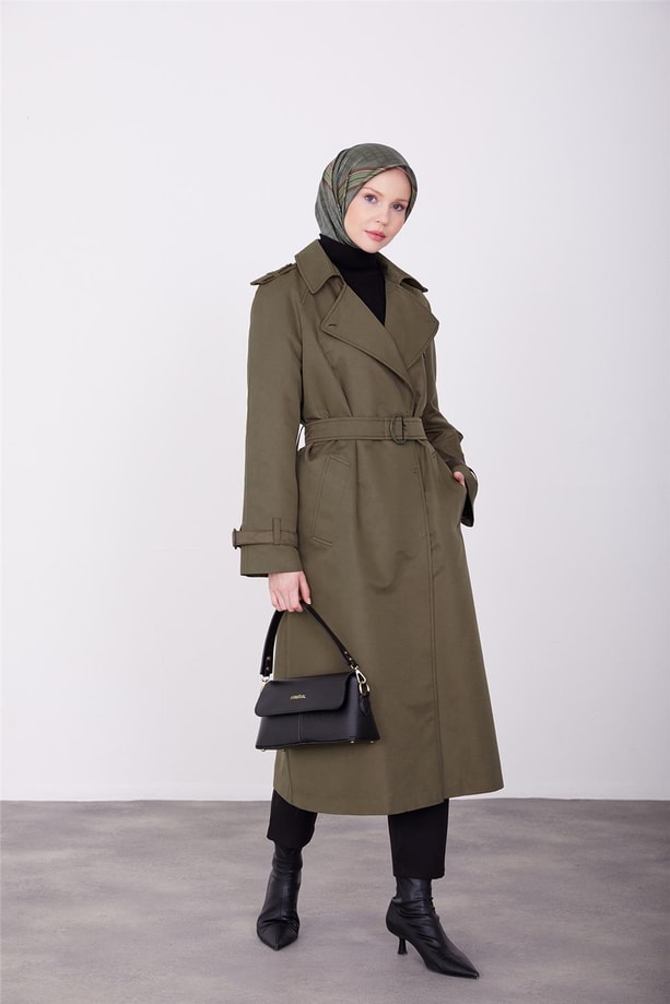 Açık yakalı klasik trenchcoat 23K8518 Haki