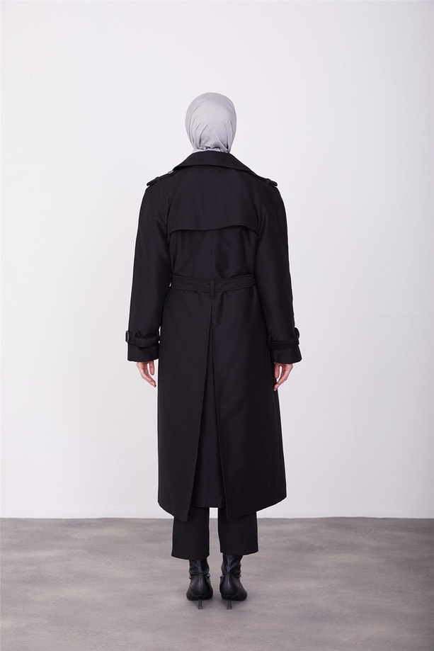 Açık yakalı klasik trenchcoat 23K8518 Siyah
