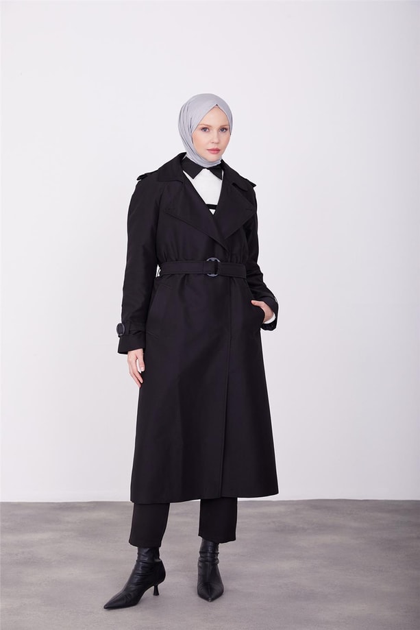 Açık yakalı klasik trenchcoat 23K8518 Siyah