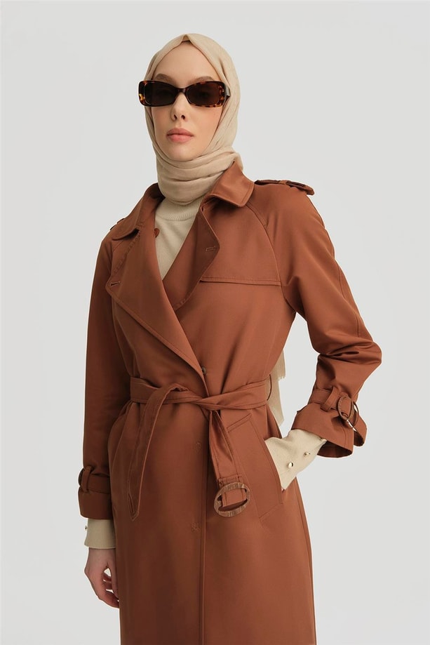 Açık Yakalı Klasik Trenchcoat 24K8518 Kahverengi