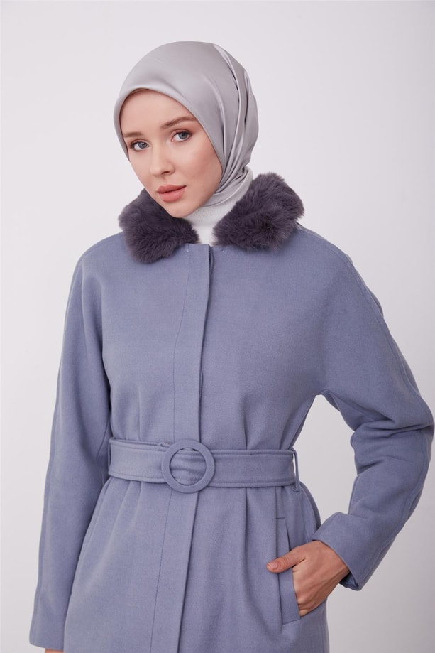 Armine seyyar kürklü fit manto 23K8603 Sisli Mavi