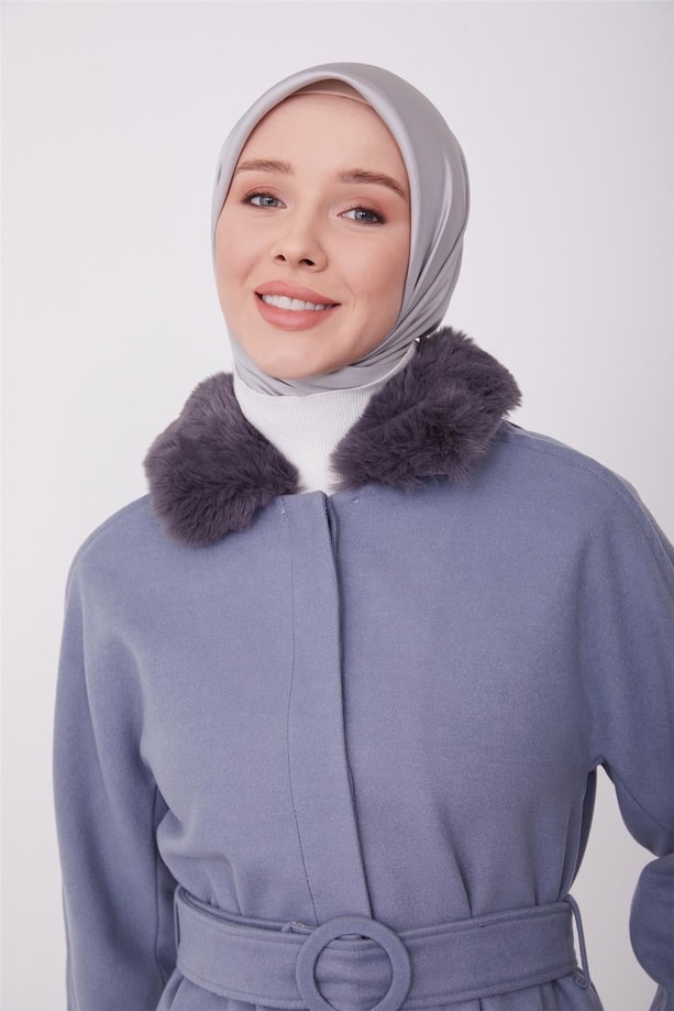 Armine seyyar kürklü fit manto 23K8603 Sisli Mavi