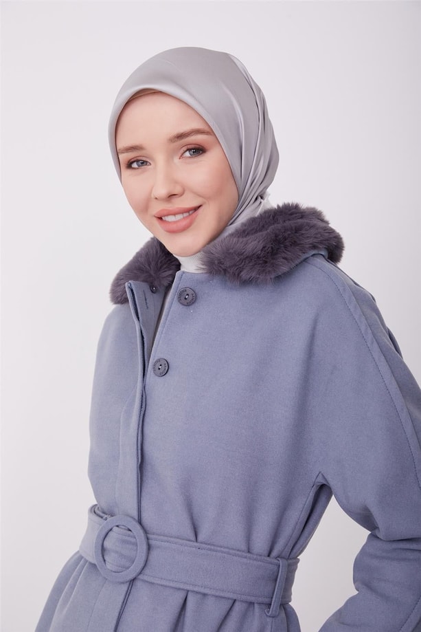 Armine seyyar kürklü fit manto 23K8603 Sisli Mavi