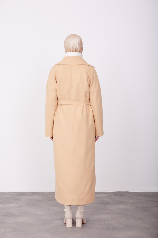 Önü bağlamalı diagonel dokulu manto 23K8611 Bej