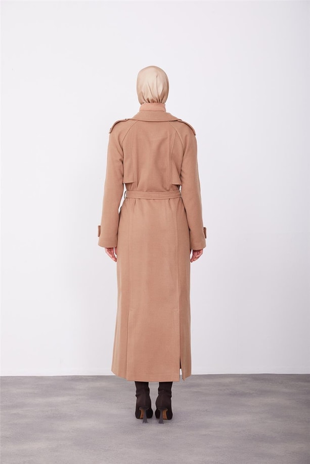 Armine  Seyyar Apoletli Tam Kruvaze Manto 23K8613 Camel