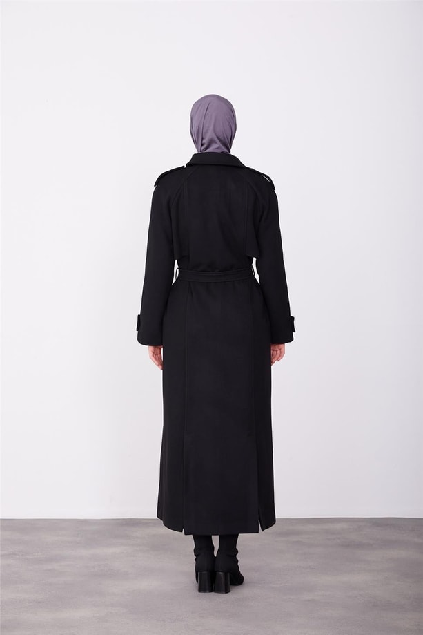 Armine  Seyyar Apoletli Tam Kruvaze Manto 23K8613 Siyah