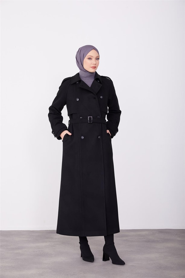 Armine  Seyyar Apoletli Tam Kruvaze Manto 23K8613 Siyah